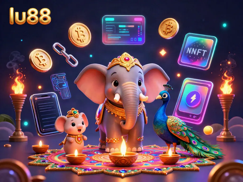 Experience excitement in lu88 with a dynamic scene featuring a colorful 3D elephant and crypto elements.