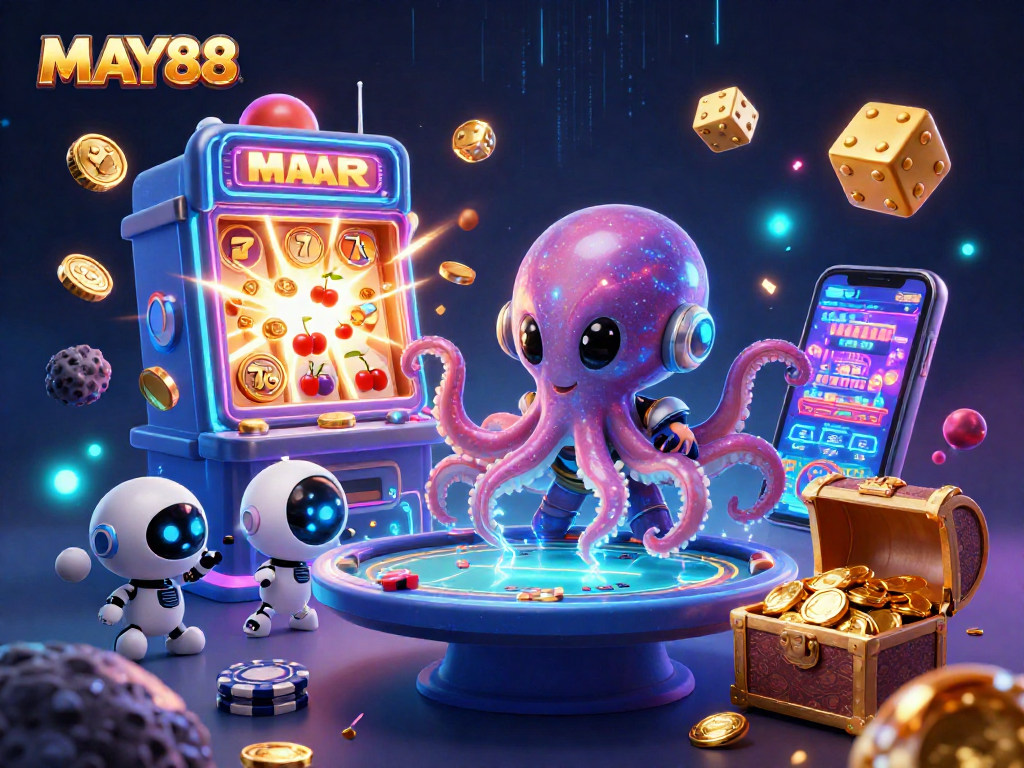 MAY88 showcases a thrilling scene with a colorful alien octopus at a holographic poker table surrounded by casino elements.