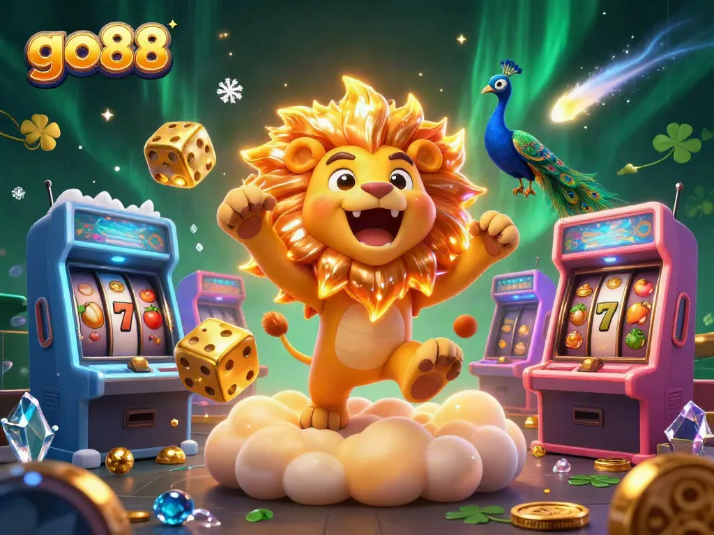 Watch the go88 sun lion triumphantly roaring, surrounded by vibrant casino elements and slot machines.