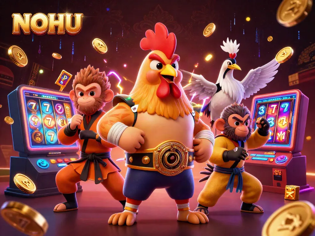 Experience thrilling jackpot spins at NOHU with vibrant characters in a dynamic casino scene.