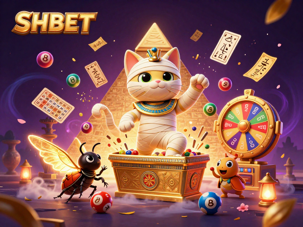 Engage with SHBET’s vibrant casino world, featuring an Egyptian mummy cat, glowing scarab, and dynamic game elements.