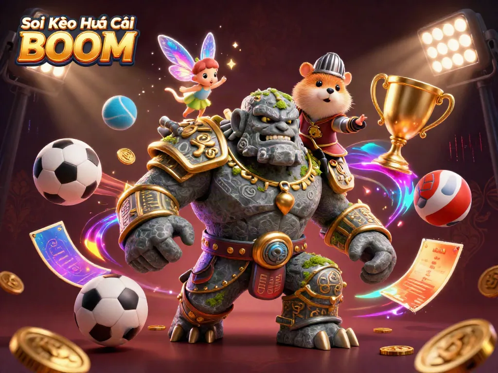 Soi Kèo Nhà Cái BOOM features a vibrant 3D scene of a golem and knight in action, surrounded by dynamic sports elements.