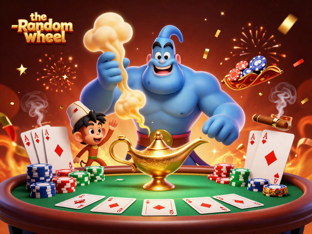 Engage with the-random-wheel as a blue genie emerges, surrounded by poker chips.