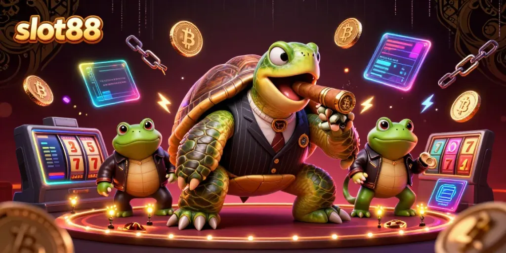 Experience the thrill of slot88 with a massive turtle mobster and bullfrog enforcers in a vibrant casino illustration.
