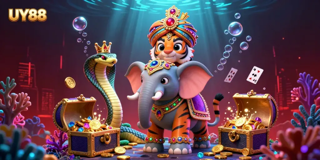 Engage in thrilling UY88 casino adventures with a vibrant scene featuring a royal maharaja tiger and treasures.