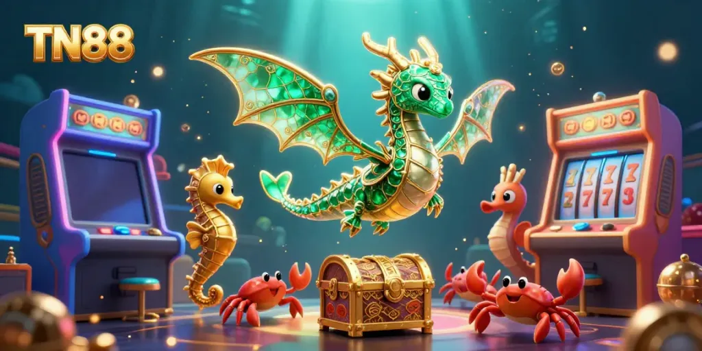 Experience the thrill of TN88 casino with vibrant sea creatures amidst colorful slot machines and treasures.