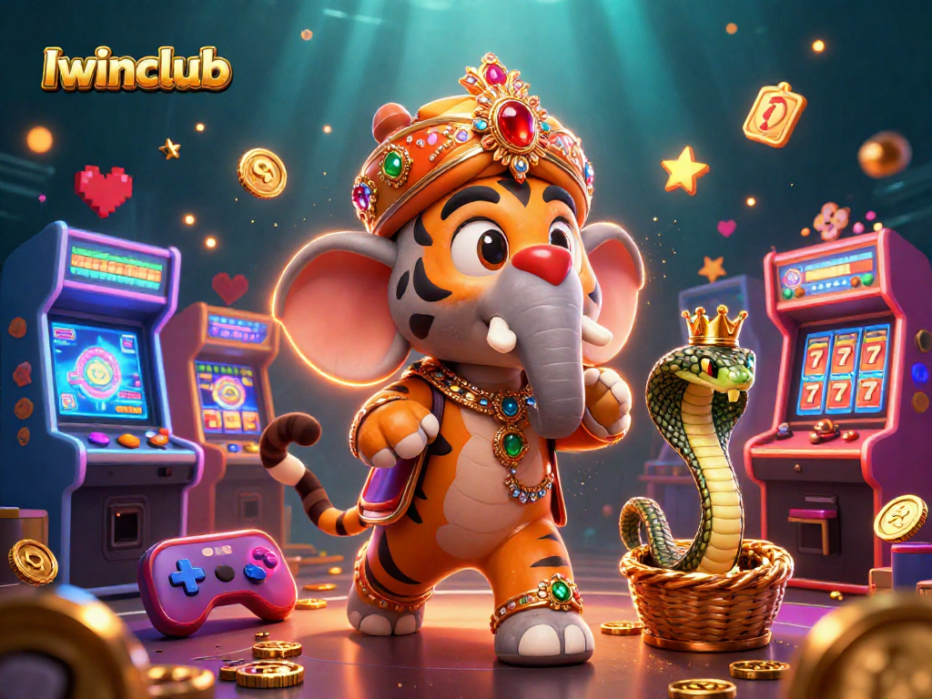Iwinclub showcases vibrant casino theme with a regal tiger and elepant in a colorful digital realm