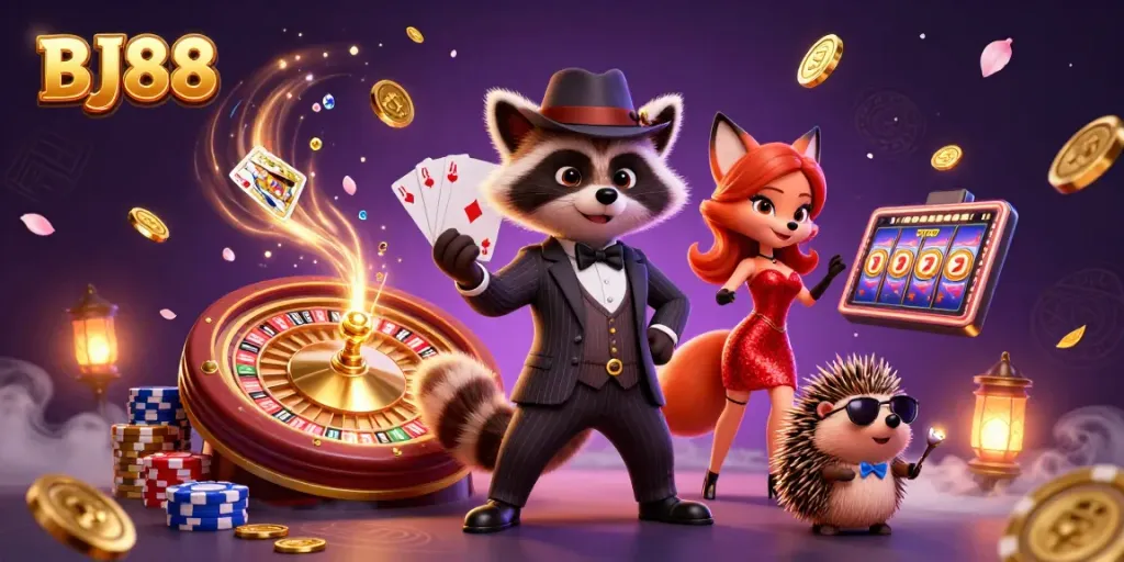 BJ88 showcases a lively casino scene with a raccoon holding a royal flush, vibrant colors, and dynamic game elements.
