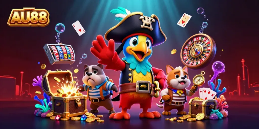 Experience AU88 with a vibrant casino scene featuring a cartoon pirate captain parrot, interactive games, and treasure.