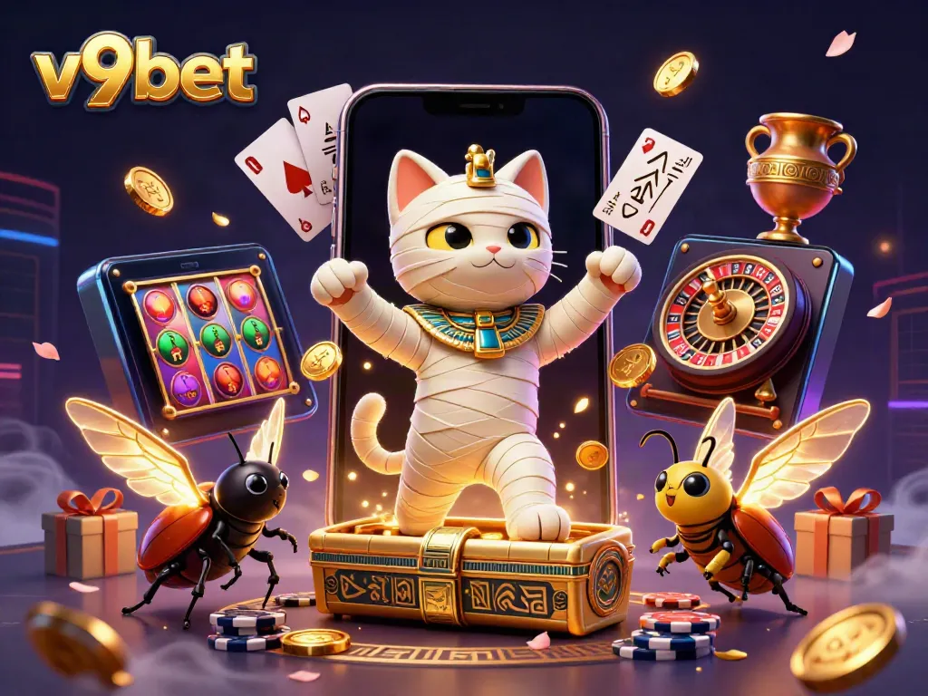Experience the thrill of gaming with v9bet's vibrant 3D illustration featuring a mummy cat and casino elements.