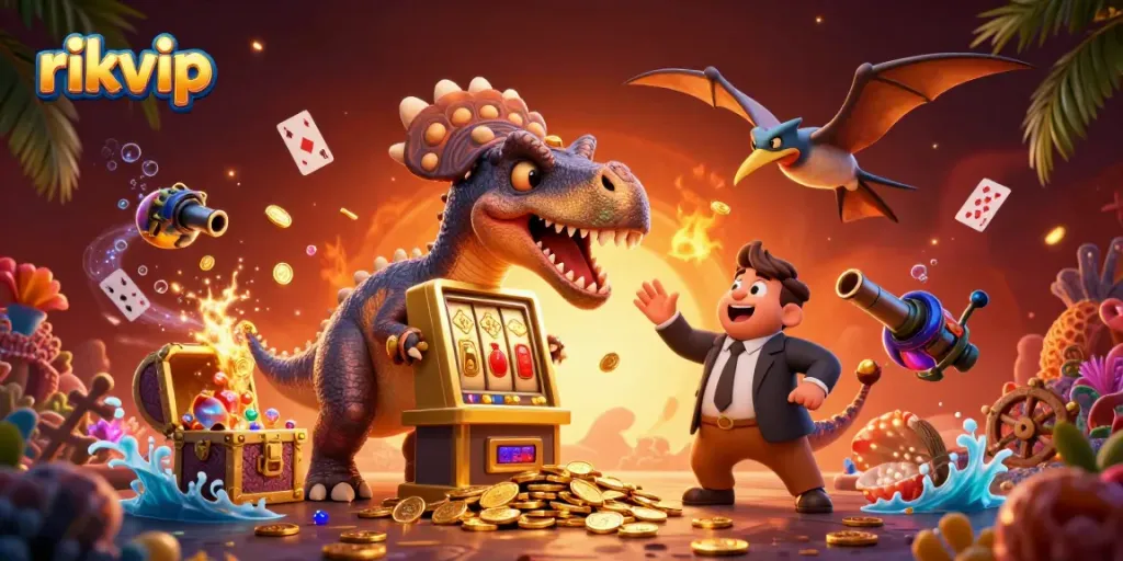 Experience rikvip excitement with a dinosaur-themed slot machine jackpot scene.