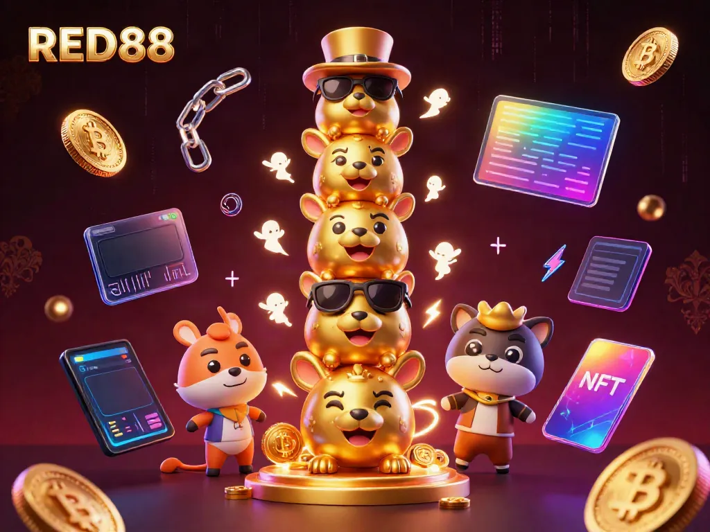 Experience the vibrant gaming world of RED88 with a dynamic representation of a golden totem pole and crypto coins.