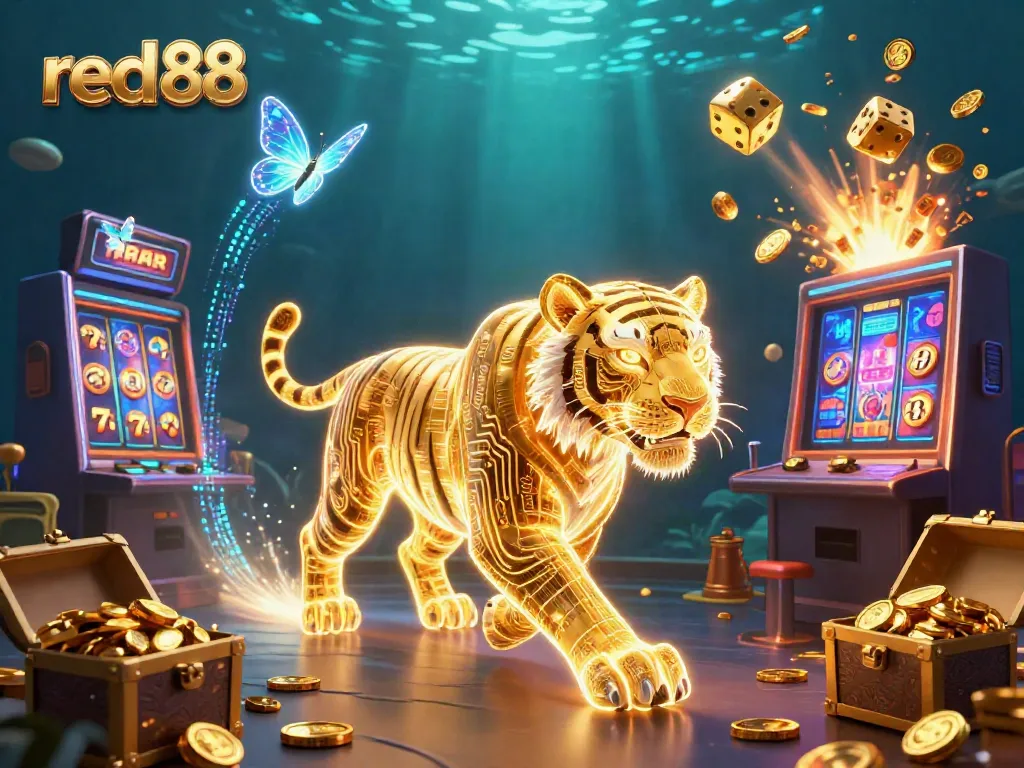 Experience the vibrant action of red 88 with a glowing neon tiger in a digital casino scene filled with jackpots and excitement.