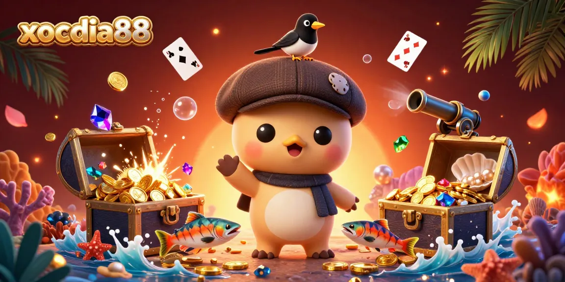 xocdia88 showcases a lively scene with baby Nessie and festive casino elements, capturing energetic gaming moments.