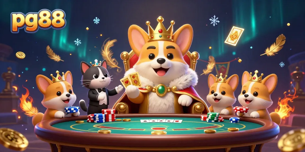 Experience thrilling gameplay at pg88 with a royal corgi surrounded by poker elements and dynamic casino effects.