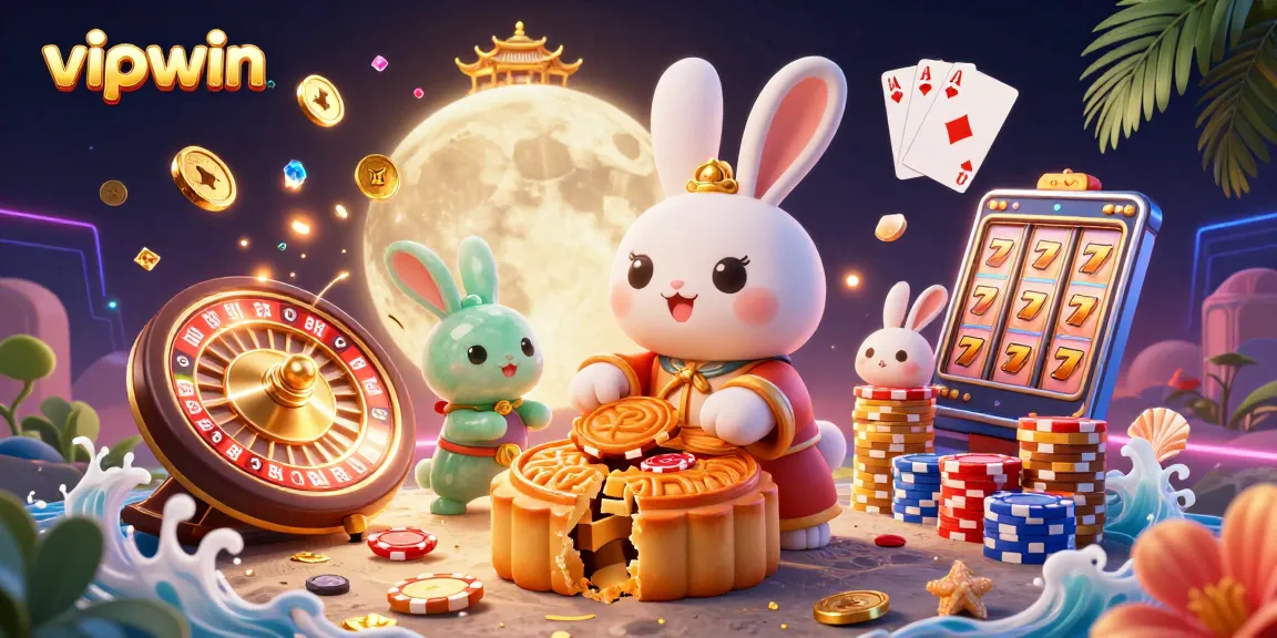 Experience the thrill of vipwin casino with a lively scene filled with golden coins, poker chips, and festive characters.