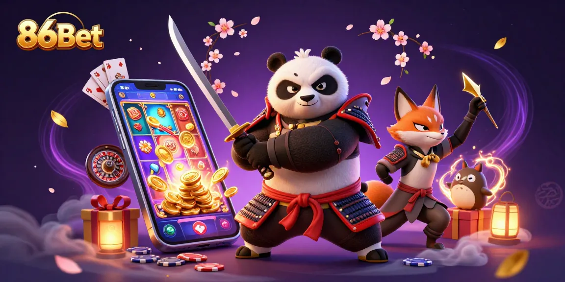 Engage with the thrilling world of 86Bet in this colorful 3D illustration showcasing casino elements and characters.