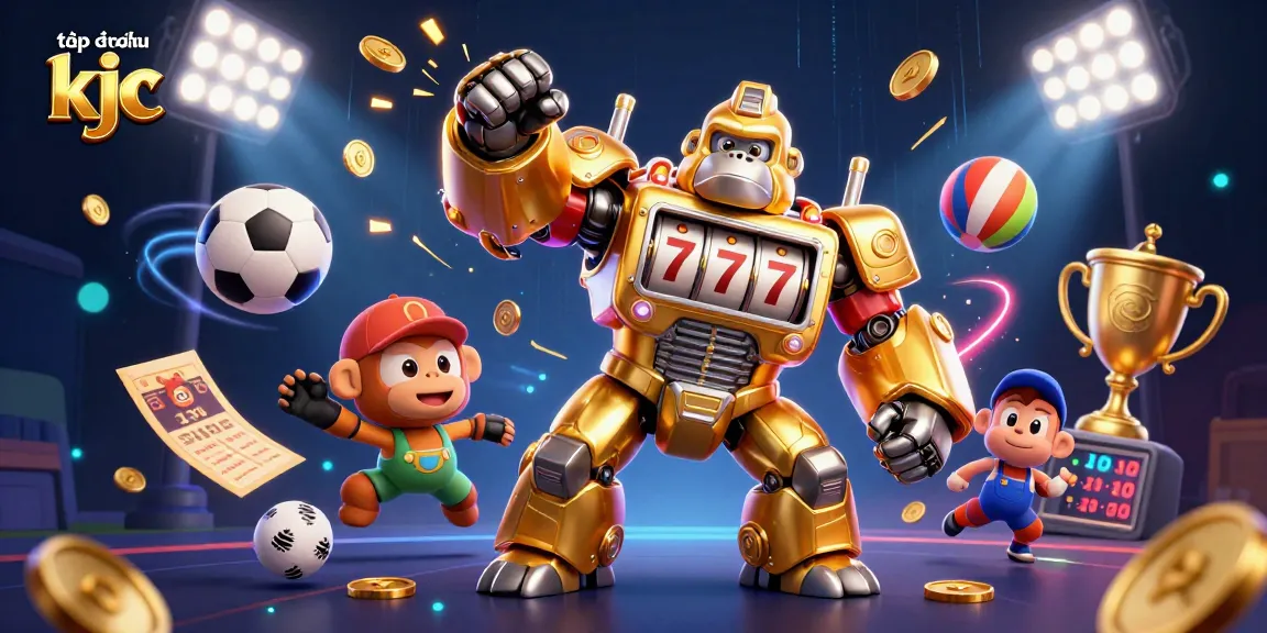 The dynamic golden gorilla mech of tập đoàn kjc punches upward, surrounded by flying sports elements and coins in a vivid digital casino.