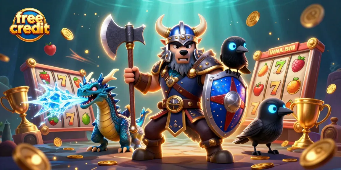 Engage in the thrill of free credit slots with a Viking warrior, dragon, and raven illustration.