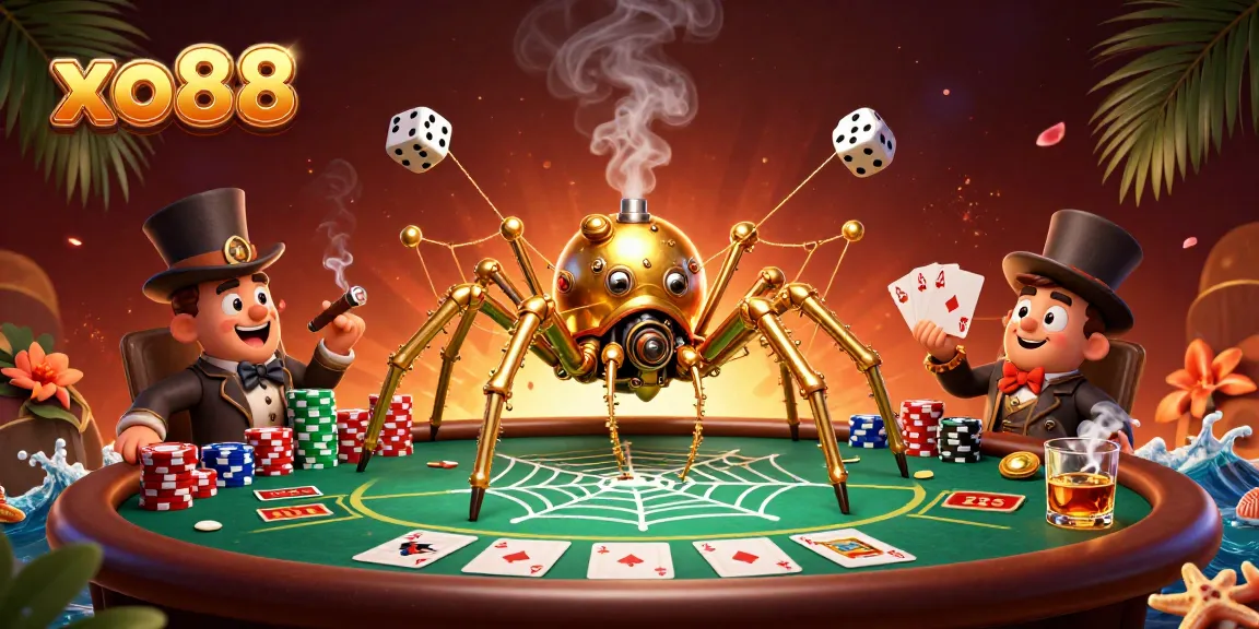 Experience thrilling casino action with xo88's 3D steampunk spider and poker elements.