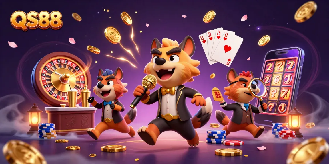 Experience the excitement of QS88 in a lively casino scene with animated hyenas in action.