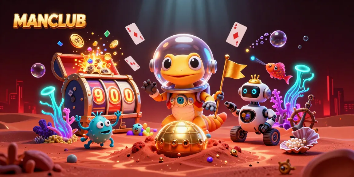 Experience the excitement of MANCLUB with a 3D Martian gecko discovering a golden casino in a vibrant cosmic scene.