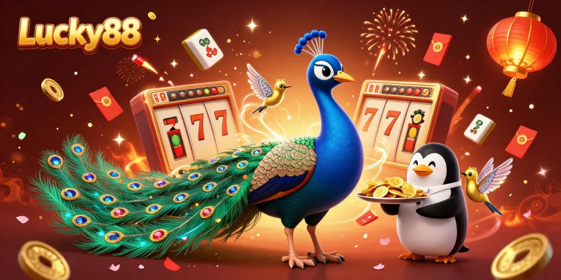 Spin the reels of Lucky88 for big wins with vibrant symbols and delightful characters in this casino-themed illustration.