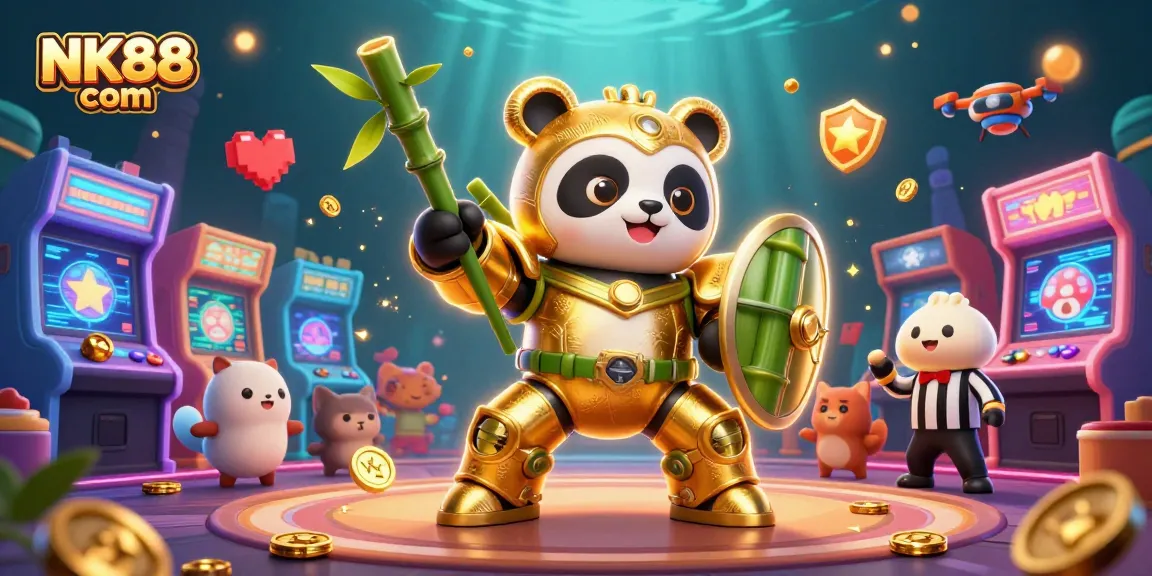 Experience thrilling casino games at NK88 com with colorful arcade elements and a magical panda.