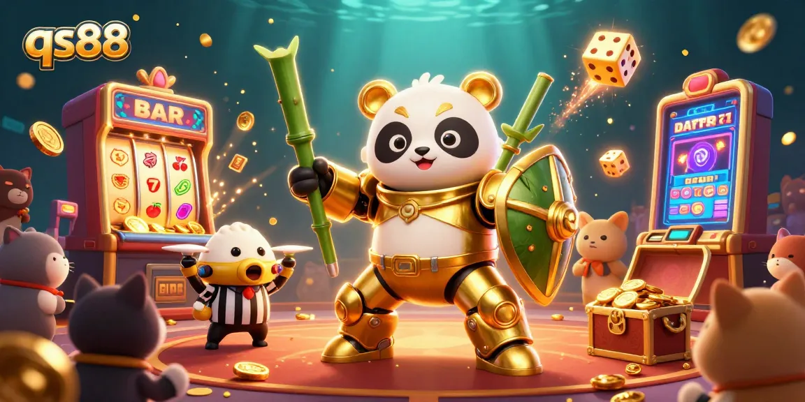 Experience exciting wins at qs88 with a dynamic casino scene featuring a mech-suit panda and vibrant gaming elements.