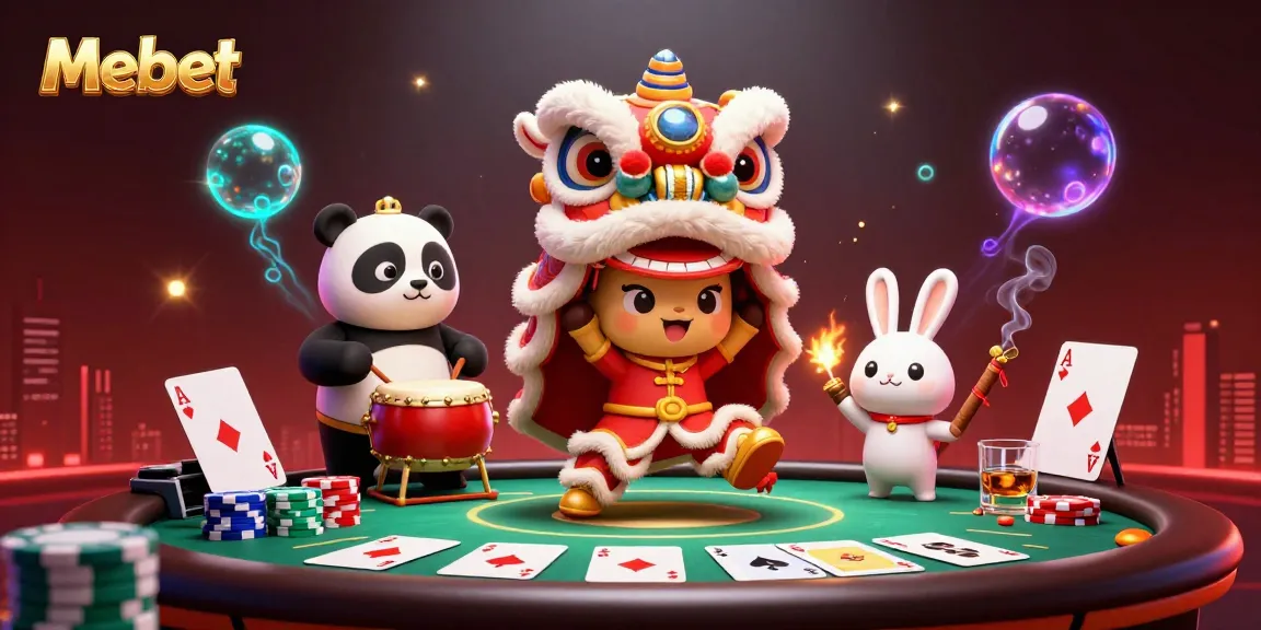 Mebet showcases vibrant lion dance characters amidst dynamic poker elements in a captivating casino scene.
