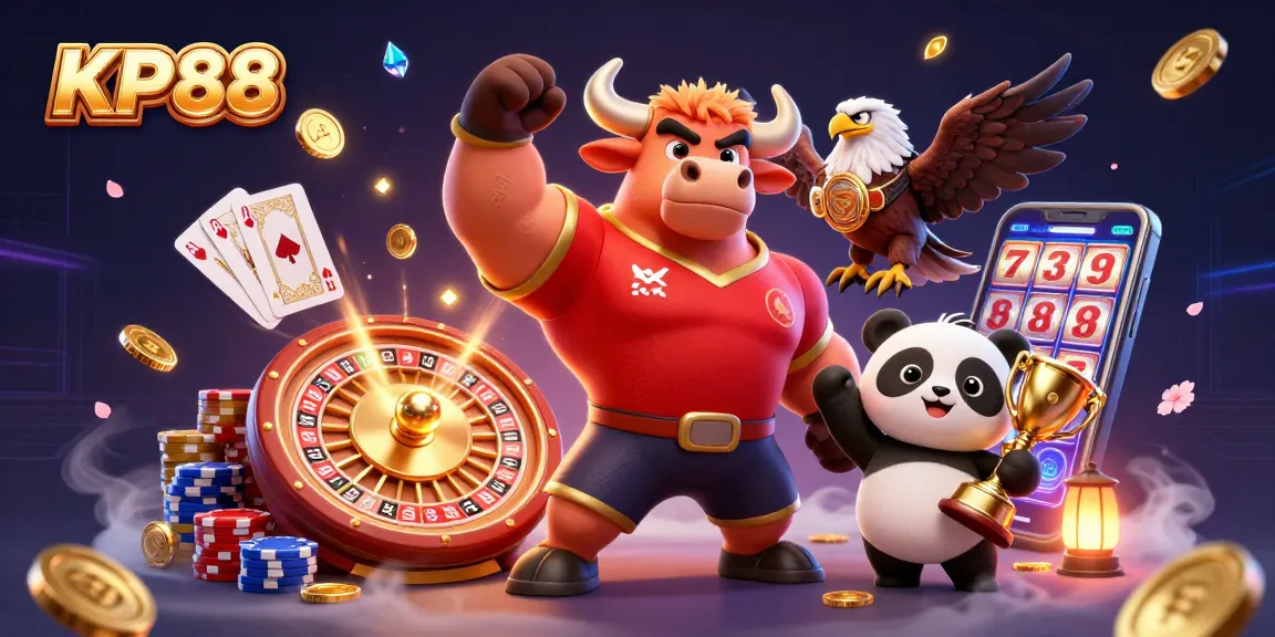 Play with KP88 for a thrilling experience featuring a joyful panda, victorious bull, and eagle