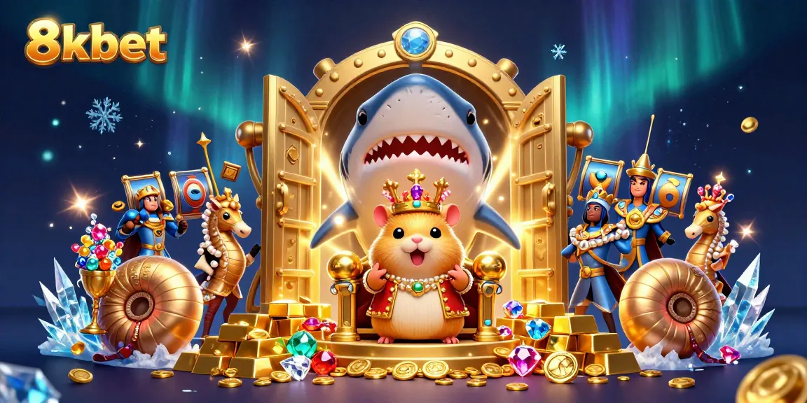 Experience thrilling gameplay at 8xbet with an engaging casino scene featuring a golden hamster king and treasures.