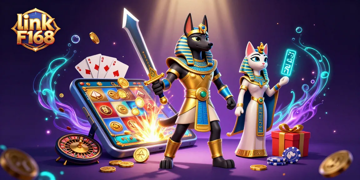 Engage with link F168's immersive gaming experience featuring slot games, casino characters, and vibrant visuals.