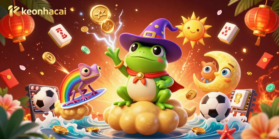 Engage in the thrilling world of keonhacai with a vibrant 3D scene of a wizard frog, colorful chameleon, and playful gambling elements.