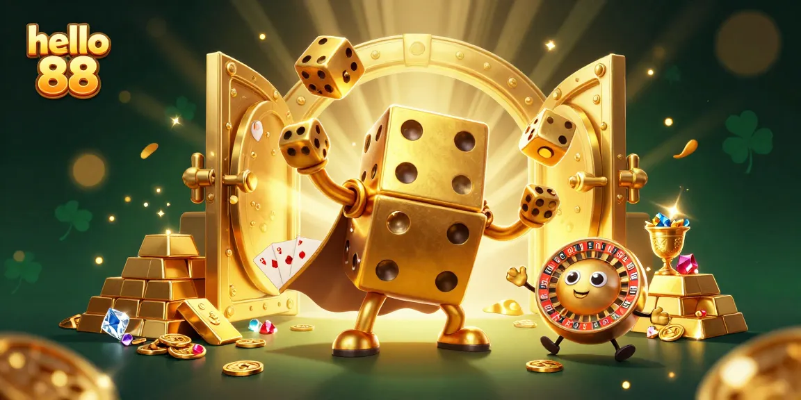 Engage with hello 88 as a golden dice golem entertains with magical gambling charm, surrounded by treasure.