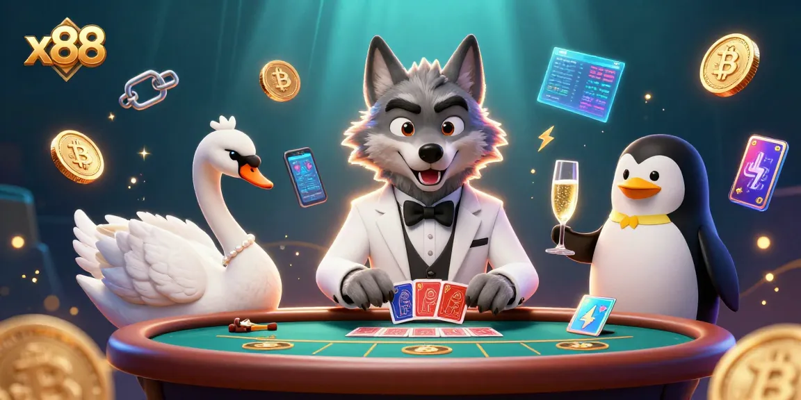 x88 players enjoying baccarat with a debonair wolf dealer and swan card dealer in a vibrant casino scene