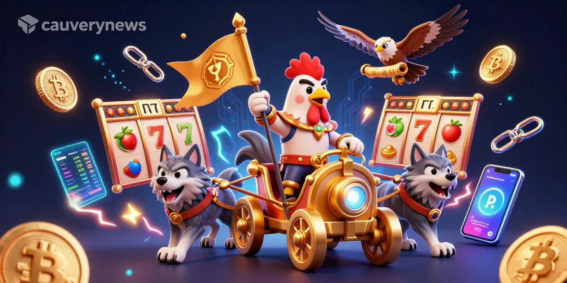 Cauverynews showcases a dynamic casino scene with a rooster warlord, wolves, and crypto elements, engaging in slot gaming.