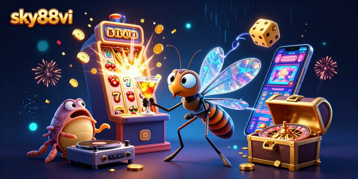 Experience the thrilling vibe at sky88vi with a vibrant casino scene including slot machines, golden cocktails, and more.