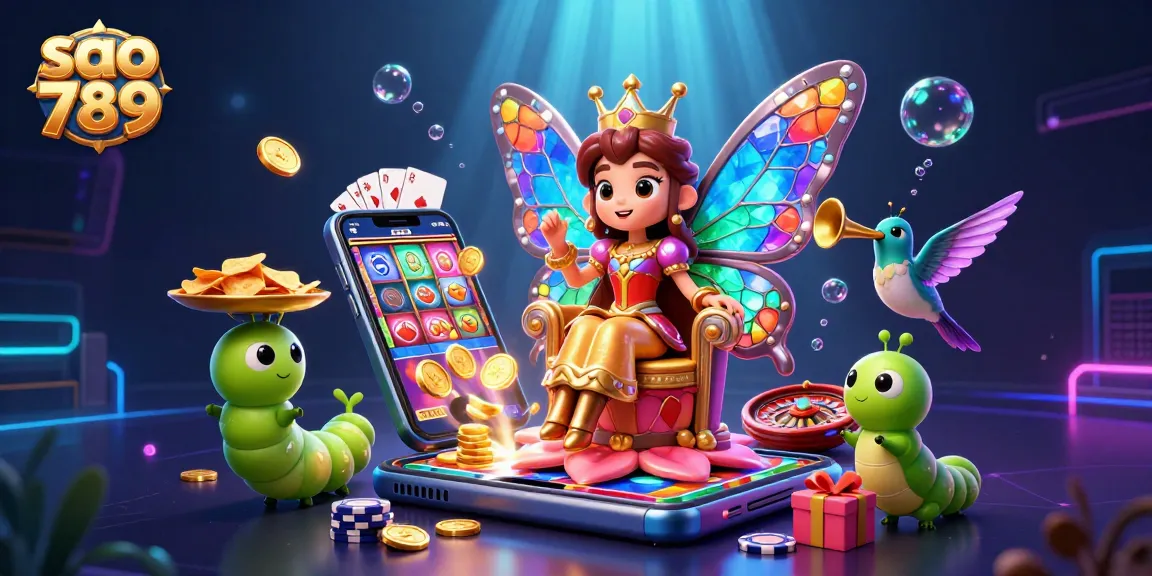 Engage with sao 789 in this vibrant casino scene featuring a whimsical butterfly queen amidst dynamic slot games and sparkling riches.