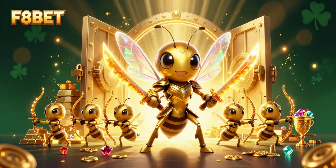 Experience F8BET's vibrant casino adventure with golden elements and dynamic characters.