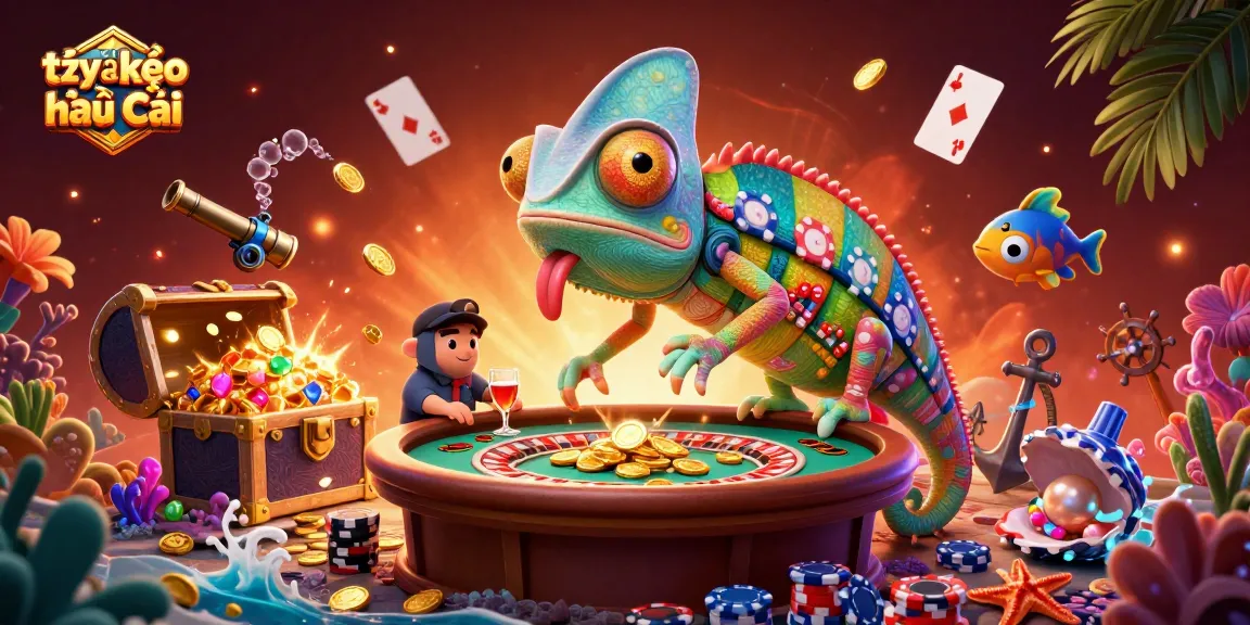 Engaging scene of the chameleon casino owner showcasing tỷ lệ kèo nhà cái amidst casino-themed treasures and vibrant gameplay elements.