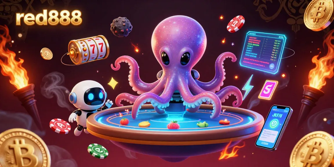 Experience red888's thrilling atmosphere at a holographic poker table featuring an alien octopus and crypto elements.