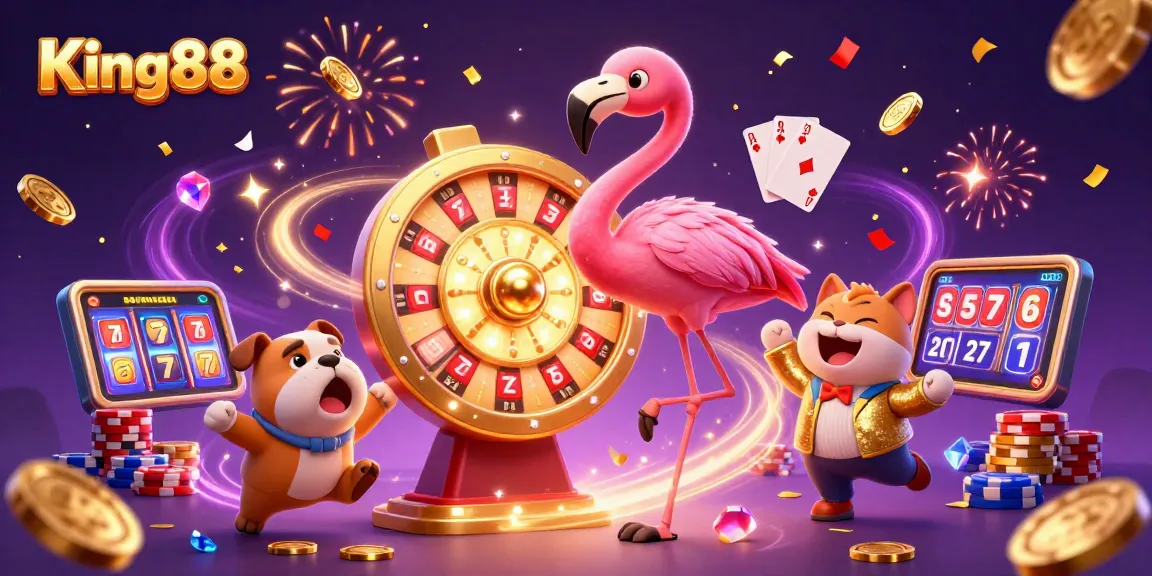 Experience exciting gameplay at King88 with vibrant casino illustrations showcasing dynamic characters and games.