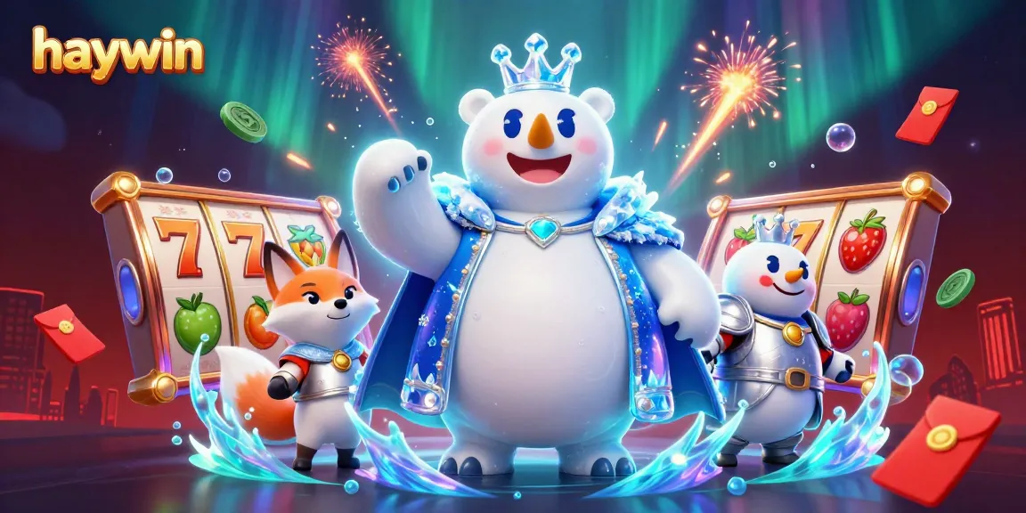 Engage in thrilling slots action with haywin, as a majestic ice king and fox companion bring excitement in a lavish casino scene.