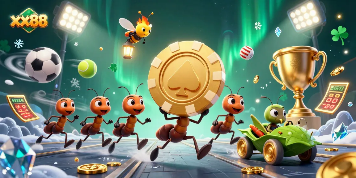 Experience exciting wins at xx88 with a thrilling heist scene involving ants and poker chips.