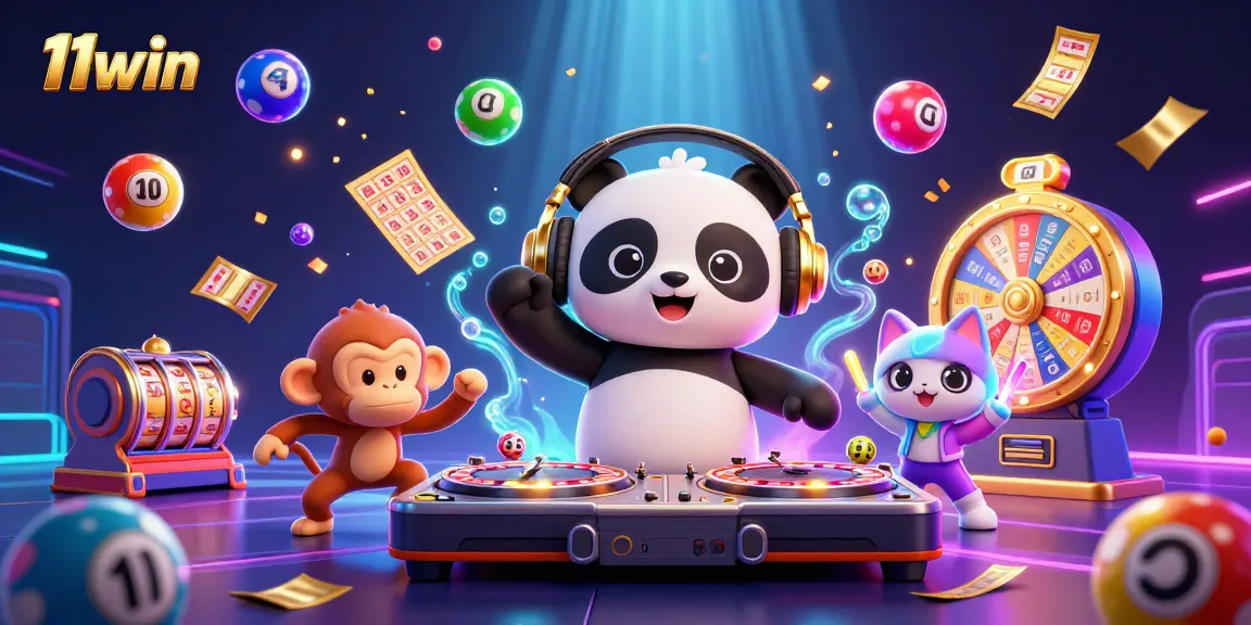 Join the excitement at 11win with DJ panda and friends amidst vibrant casino elements.