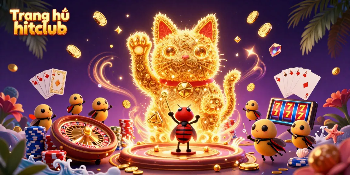 Experience the excitement of Trang chủ hitclub with a vibrant 3D scene depicting a lucky cat and casino symbols, celebrating gaming.