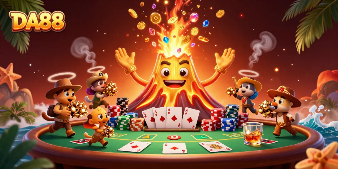 DA88 shines as a triumphant volcano erupts gems and coins amid a vibrant poker scene.