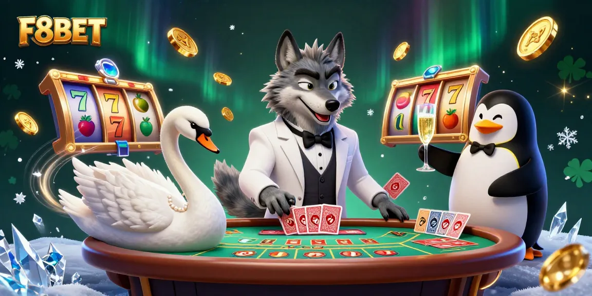 Engage with F8BET's world of fun at a dynamic baccarat table featuring our charming wolf, swan dealer, and penguin sommelier.