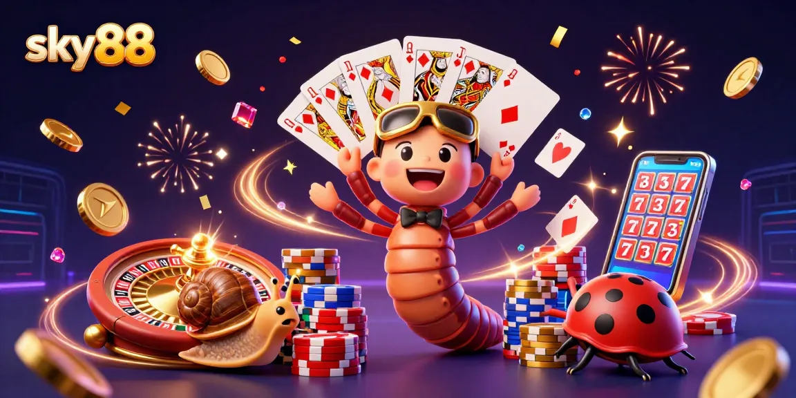 Experience the excitement of sky88 with a dazzling 3D casino scene featuring vibrant characters and rich details.